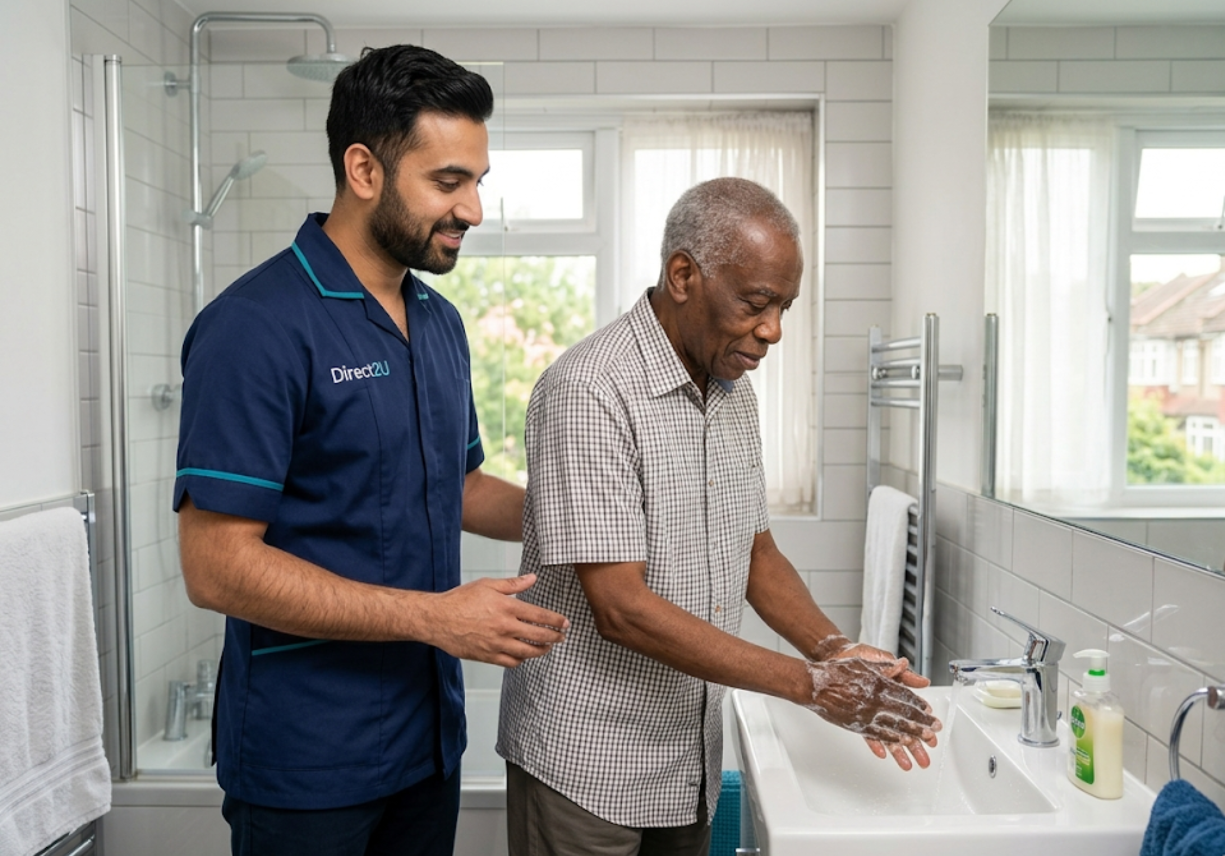 Direct2U Care worker providing dignified personal hygiene support to an elderly client at home in North London